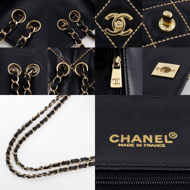 Chanel Wild Stitch Double Chain Shoulder Leather Black Women's Shoulder Bag