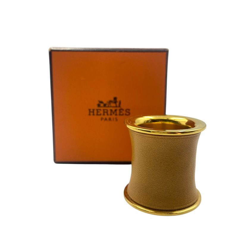 Hermes Scarf Ring Leather Gold Tube Shape Brown Gold