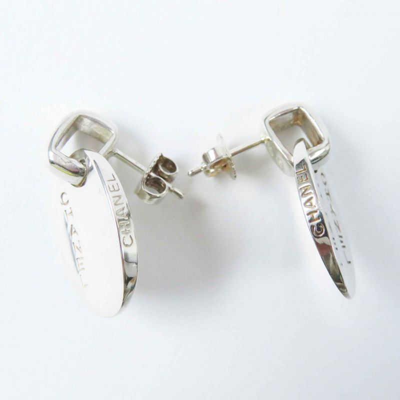 CHANEL Oval Logo Earrings For Both Ears Accessories Sv925 Silver With Box