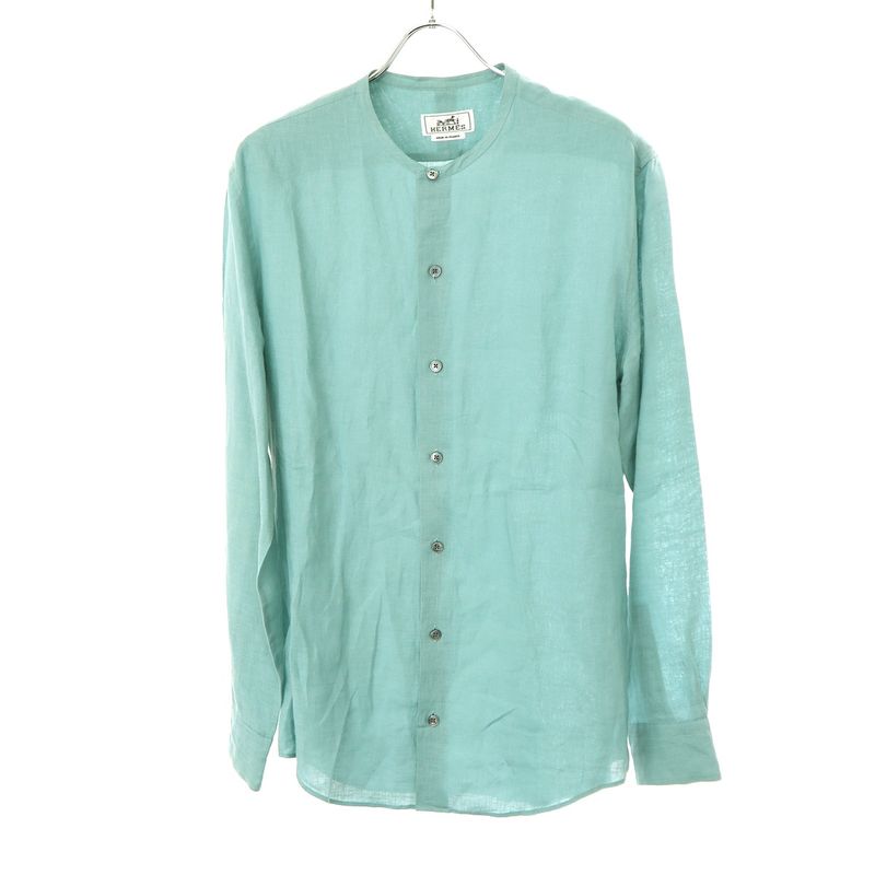 Hermes 22ss Linen Band Collar Shirt Turquoise Blue 38