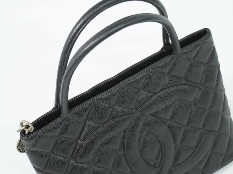 Authentic Chanel Coco Mark Revival Tote Handbag Caviar Skin Leather Black Coco