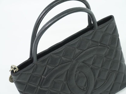 Authentic Chanel Coco Mark Revival Tote Handbag Caviar Skin Leather Black Coco