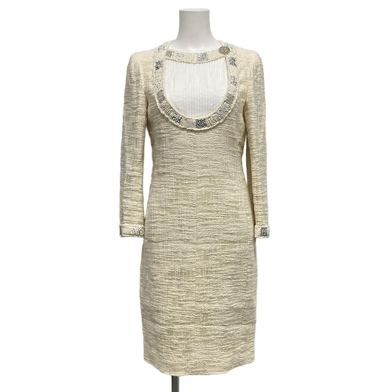 Chanel Dress Size 38 M Women - P43891 Ivory White And Silver Long Sleeves Knee