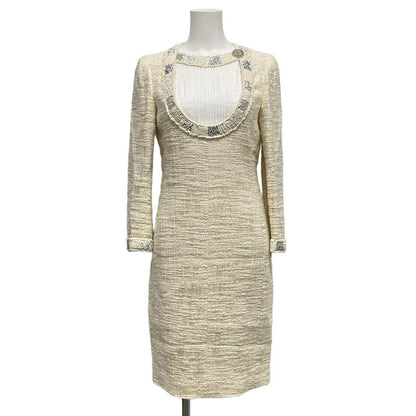 Chanel Dress Size 38 M Women - P43891 Ivory White And Silver Long Sleeves Knee