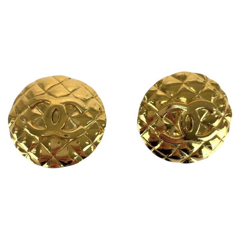 Chanel Vintage Matelasse Coco Mark Gold Plated Earrings 2 6 Engraved Ladies