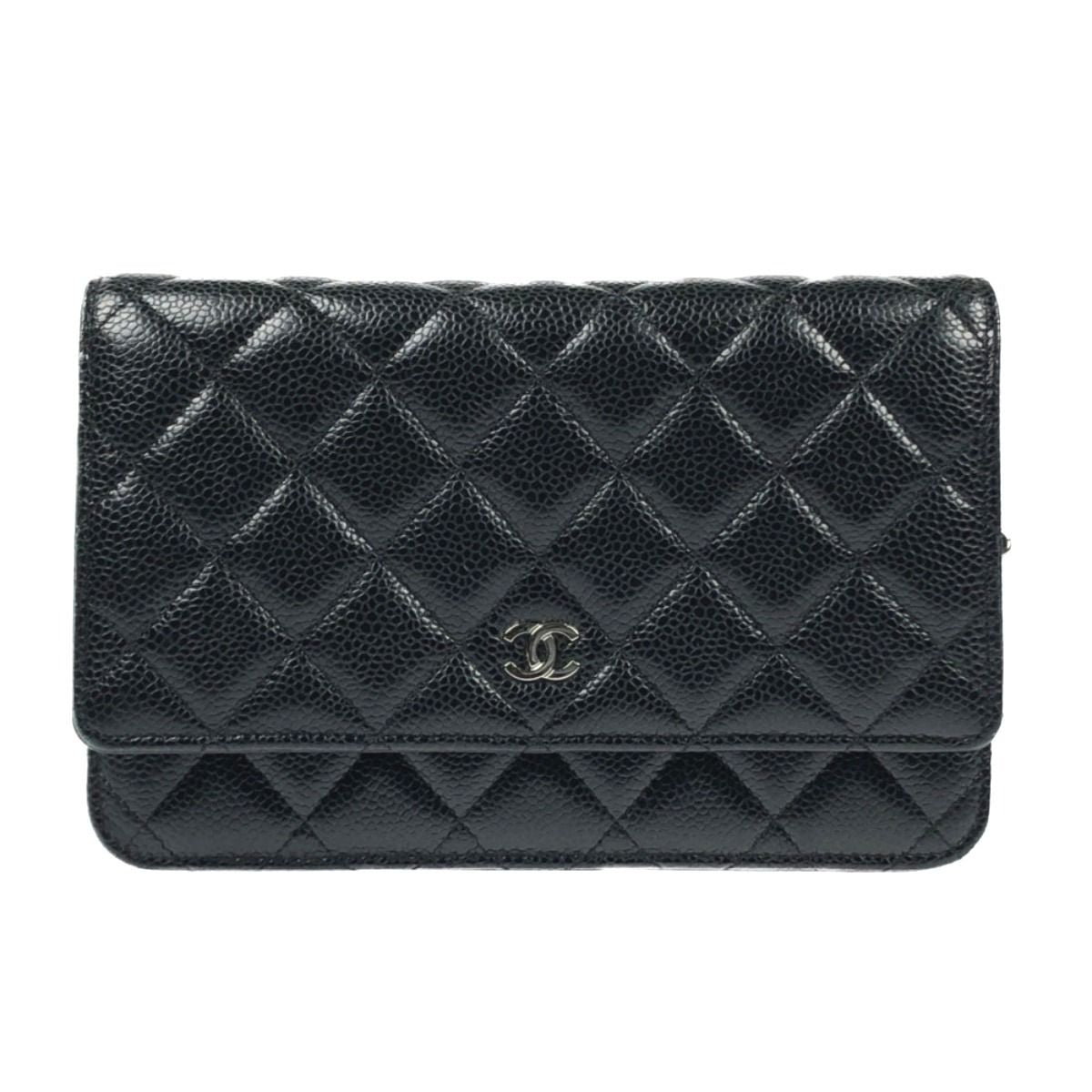 Chanel Matelasse Caviar Skin Chain Wallet Silver Hardware A33814 Black