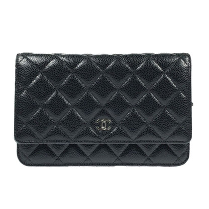 Chanel Matelasse Caviar Skin Chain Wallet Silver Hardware A33814 Black