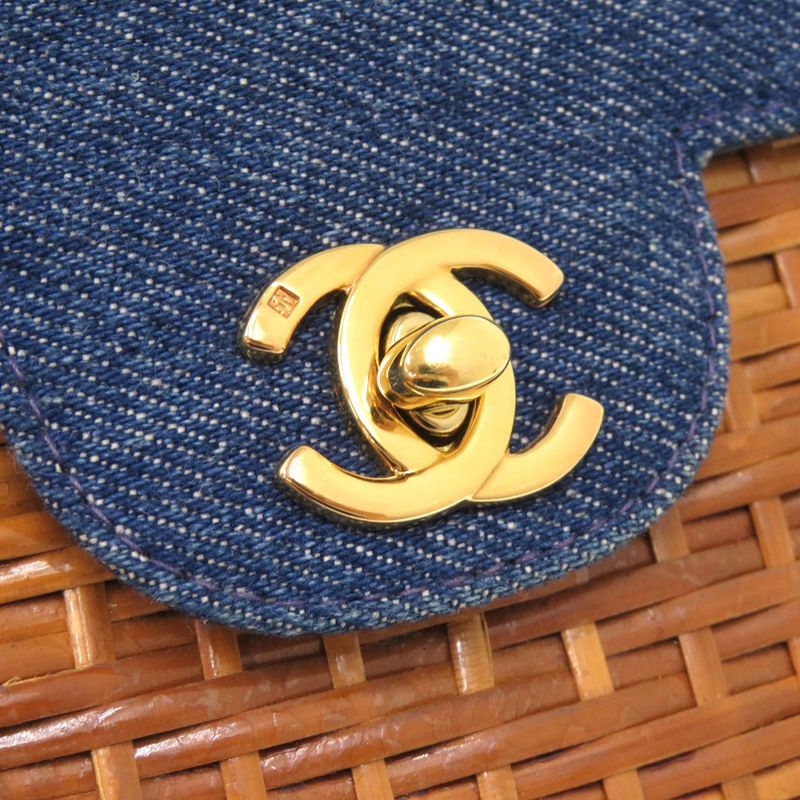 Chanel Basket Bag Denim Straw Navy 5th Coco Mark Turnlock Shoulder Bag 1372