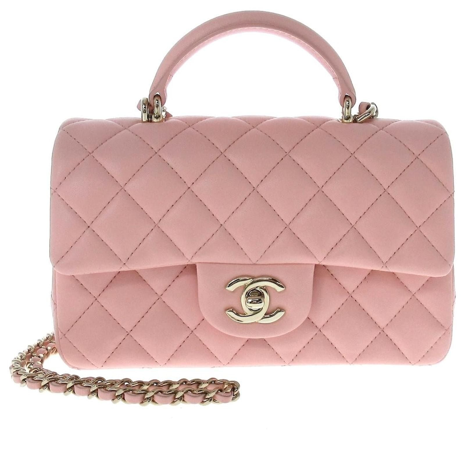 CHANEL Lambskin Quilted Mini Top Handle Rectangular Flap Bag Pink