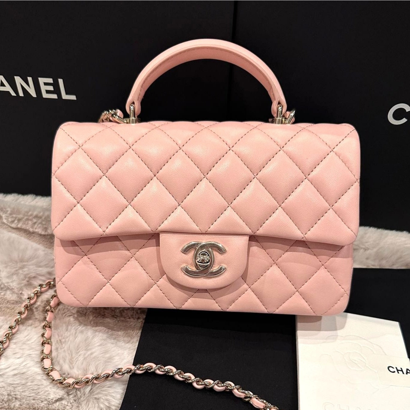 CHANEL Lambskin Quilted Mini Top Handle Rectangular Flap Bag Pink