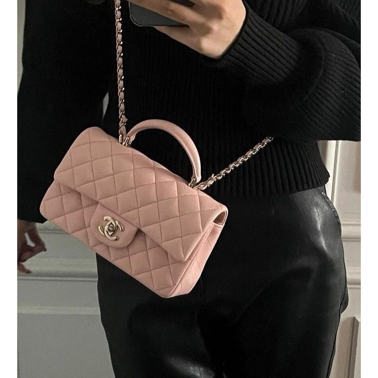 CHANEL Lambskin Quilted Mini Top Handle Rectangular Flap Bag Pink