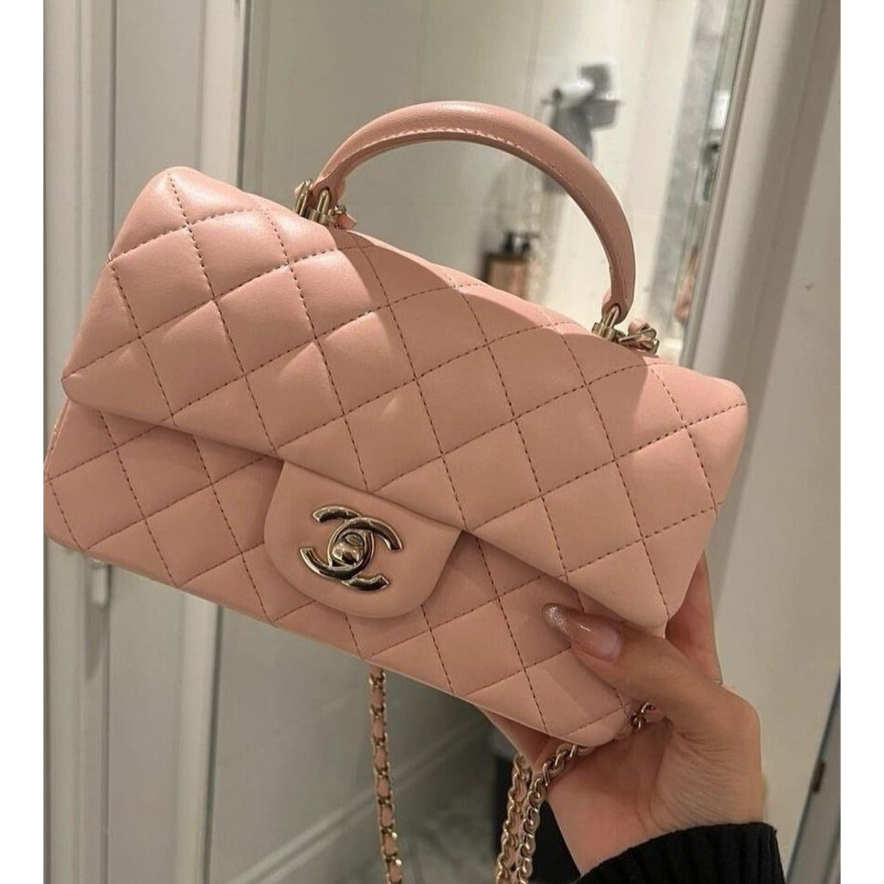 CHANEL Lambskin Quilted Mini Top Handle Rectangular Flap Bag Pink