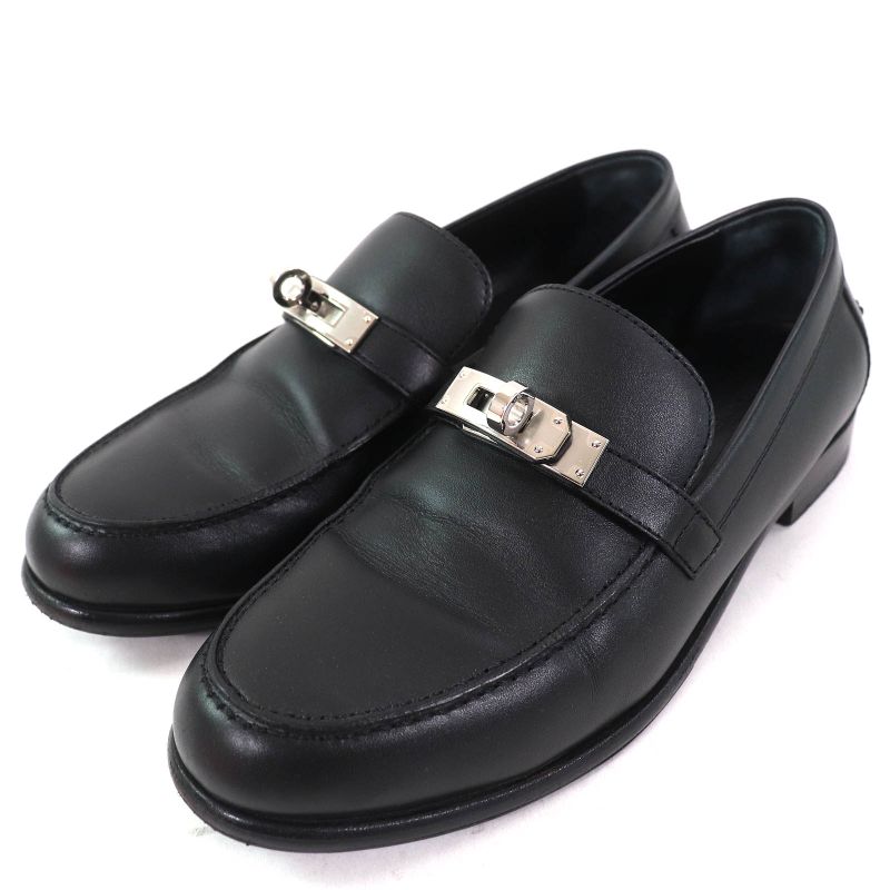 Hermes Destin Leather Silver Hardware Kelly Buckle Loafer Black 35.5 With Box
