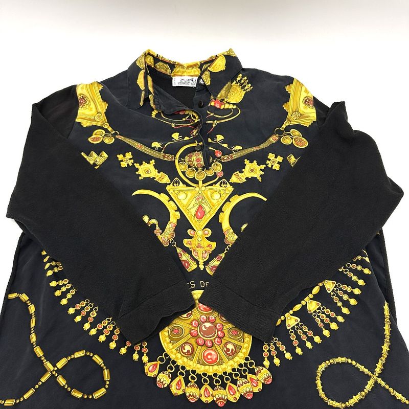 Hermes Long-sleeved Shirt Vintage Twillraine Silk Black And Gold