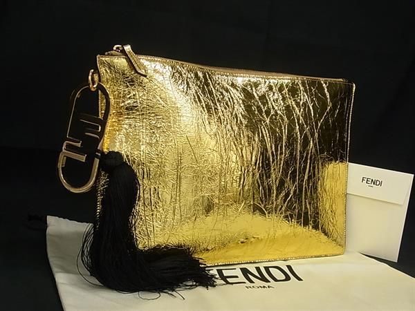 Fendi Leather Tassel Charm Clutch Bag Second Bag Handbag Gold Aw5135