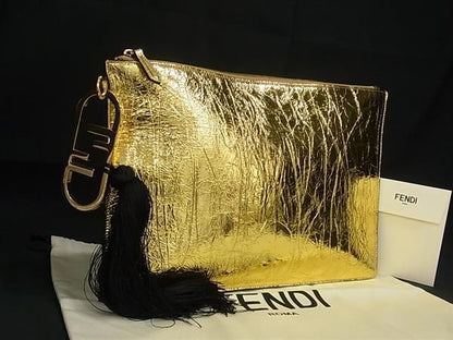 Fendi Leather Tassel Charm Clutch Bag Second Bag Handbag Gold Aw5135