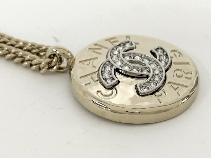 Chanel Necklace Coco Mark Plated Gold Rhinestone B25A