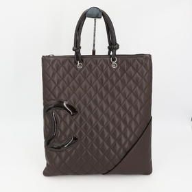Chanel Cambon Line Flat Tote Bag Coco Mark Leather Dark Brown