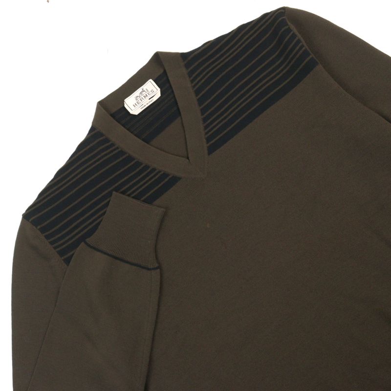 Hermes 100% Wool V-neck Bicolor Shoulder Border Pattern Knit Sweater Khaki