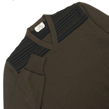 Hermes 100% Wool V-neck Bicolor Shoulder Border Pattern Knit Sweater Khaki