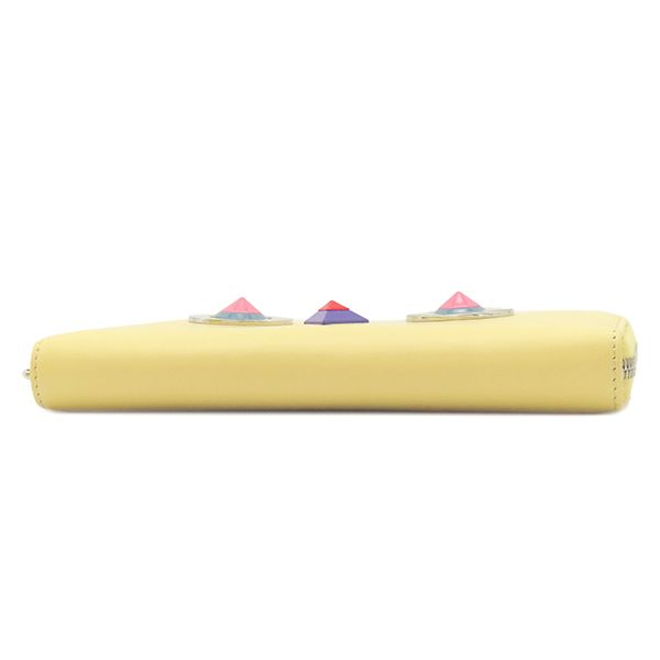 Fendi Long Wallet Robot Face Zip Around Leather Yellow Silver Hardware Round
