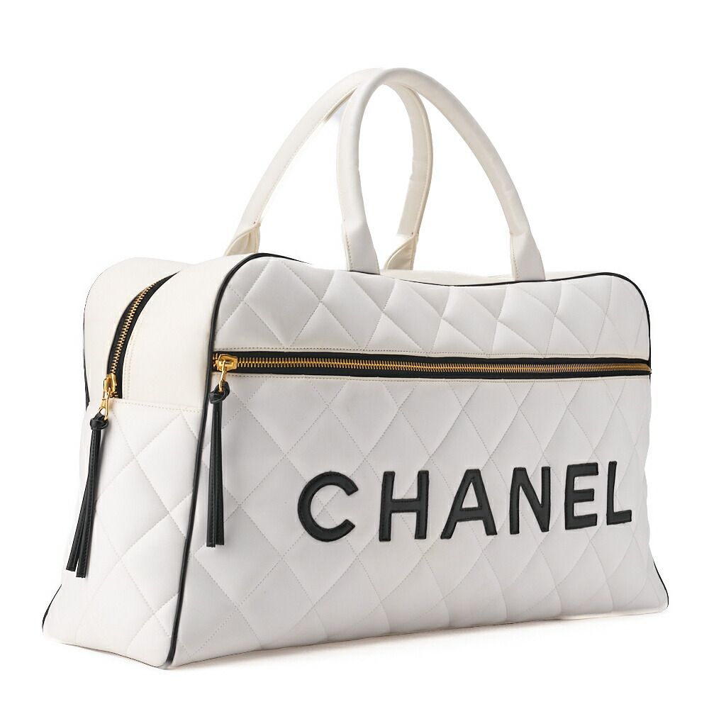 Chanel Handbag Boston Bag Calfskin Matelasse Sport Line Logo White And Black