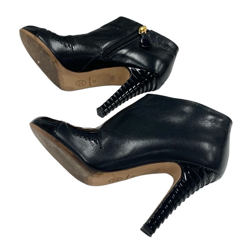 Chanel Boots Short Boots Shoes Leather Patent Black Here Mark Booties