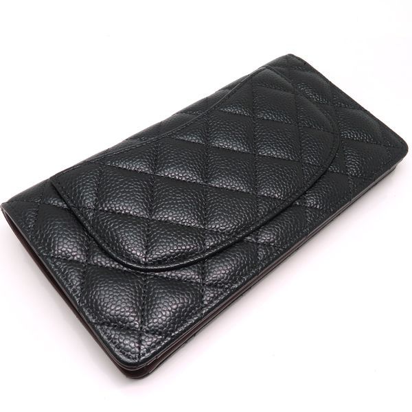 Chanel Bifold Long Wallet A31509 Caviar Skin Black Gold Hardware Coco Mark