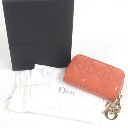 Christian DIOR Lady DIOR Voyage Cannage Patent Leather Zip Coin Case Small Pink