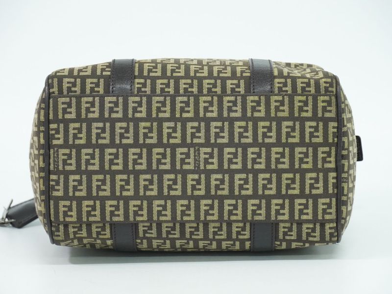Authentic Fendi Zucchino Mini Boston Bag Handbag Canvas Beige Brown 8bl068