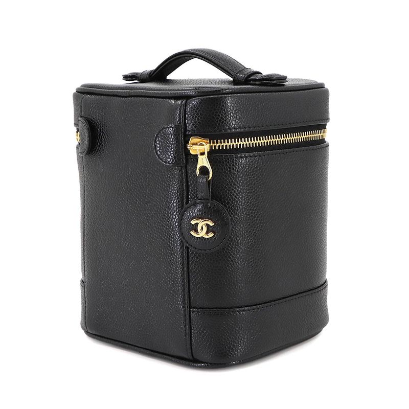 Chanel Vanity Hand Bag Caviar Skin Leather Black A01998 Coco Mark Gold Hardware
