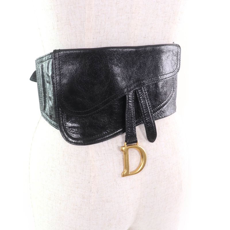 Christian DIOR B0049cnoh Leather Belt With Saddle Pouch Waist Bag Black Gold