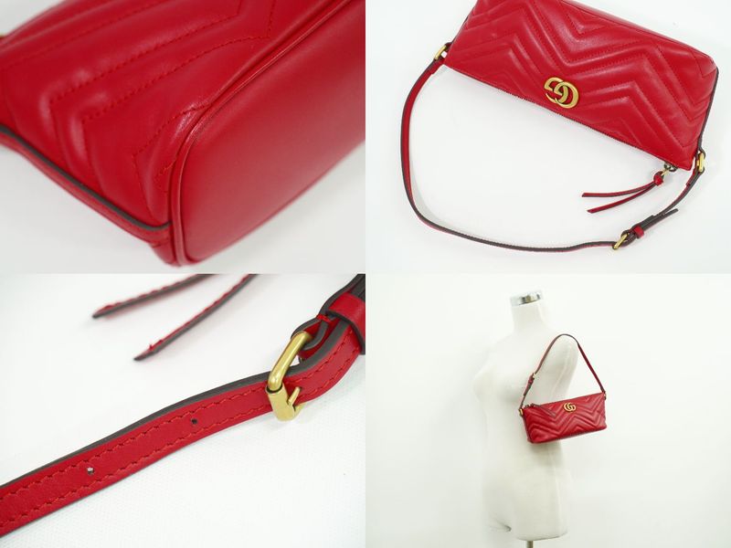 Authentic Gucci GG Marmont Shoulder Bag Leather Red 739166 Bag Pre-owned