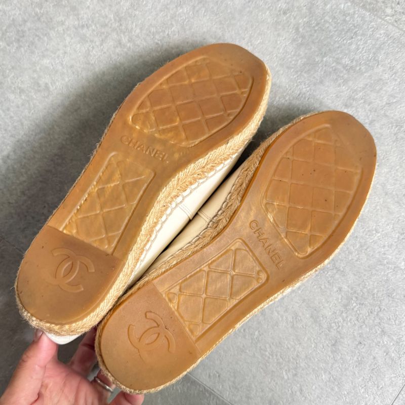 Chanel Espadrille Coco Mark Flat Shoes Leather White 37 24cm (9.45in) Women's