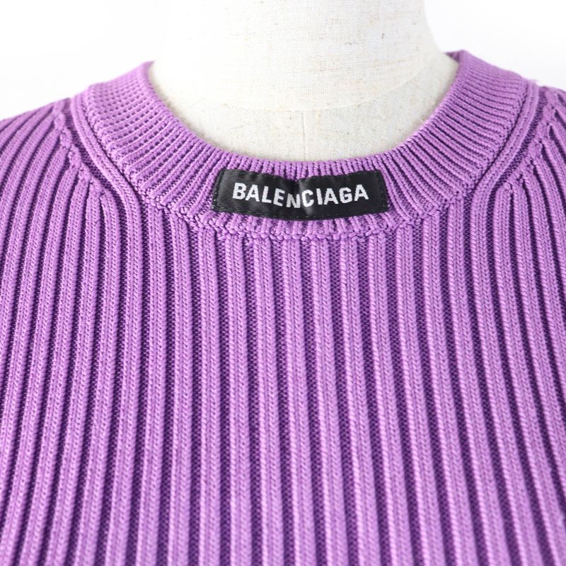 Balenciaga 691969 Long Sleeve Ribbed Knit Top With Logo Purple XS Made In Italy