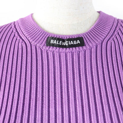 Balenciaga 691969 Long Sleeve Ribbed Knit Top With Logo Purple XS Made In Italy