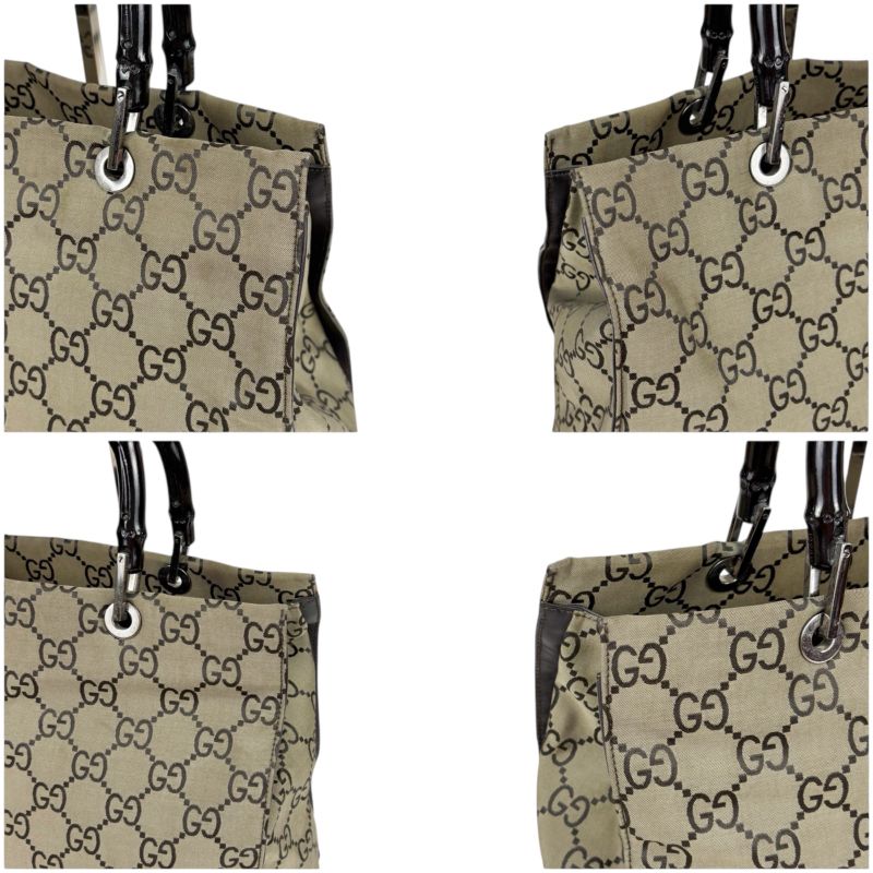 Gucci Tote Bag Bamboo Line GG Pattern Gray Black Nylon Canvas