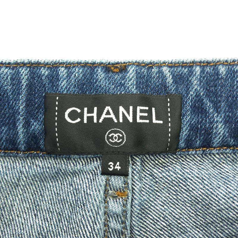 Chanel - Paint Finish Coco Mark Hem Zip Denim Pants - 34 - Indigo - Women's