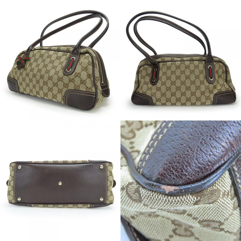 Gucci Boston Bag 161720 Sherry Princi GG Canvas Leather Beige Dark Brown Gold