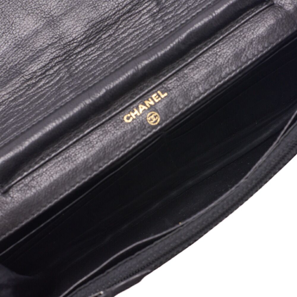 Chanel Shoulder Bag Chain Wallet Caviar Skin Black Silver Hardware Push Lock