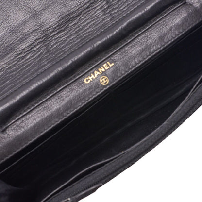 Chanel Shoulder Bag Chain Wallet Caviar Skin Black Silver Hardware Push Lock