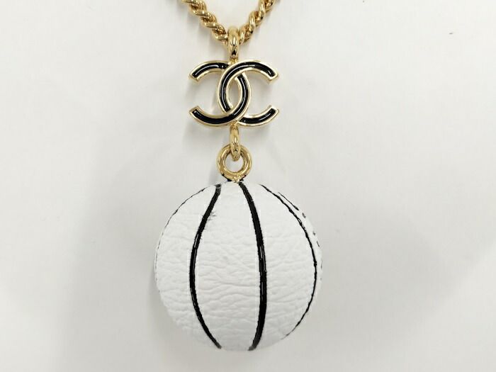 Chanel Necklace Basketball Motif Coco Mark Plated Gold White B24C