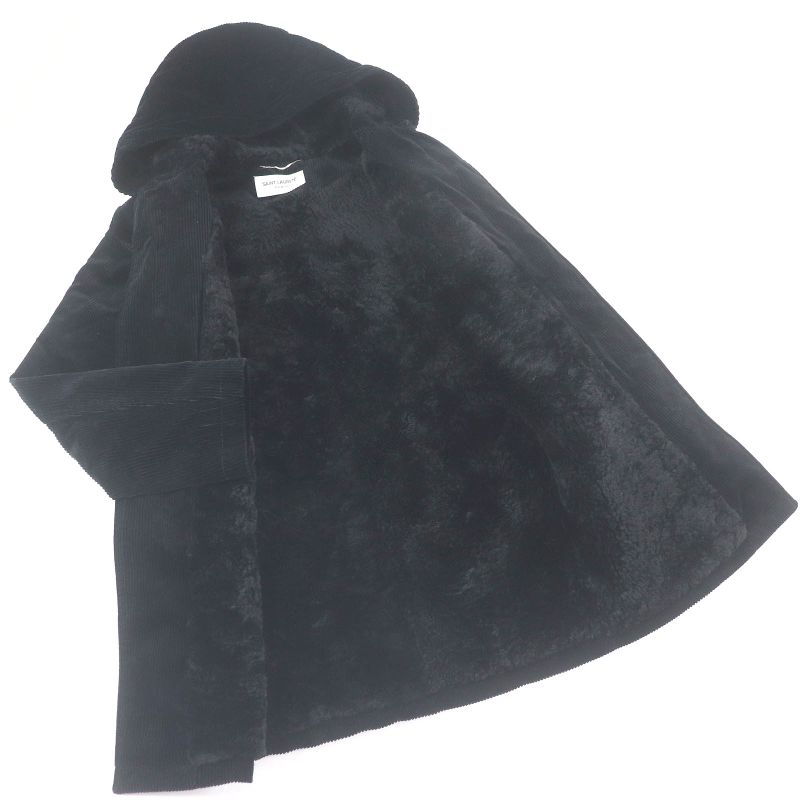 Saint Laurent Paris 529578 Chinstrap Lined Mouton Corduroy Duffle Coat Black 44