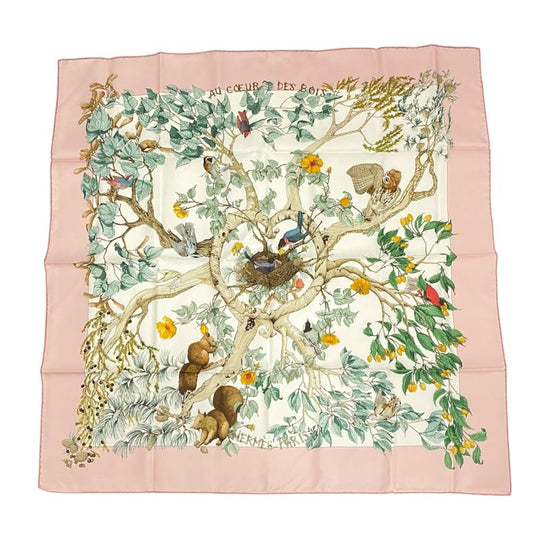 Hermes Scarf Carre 90 AU Coeur DES BOIS In The Woods 100% Silk Pink
