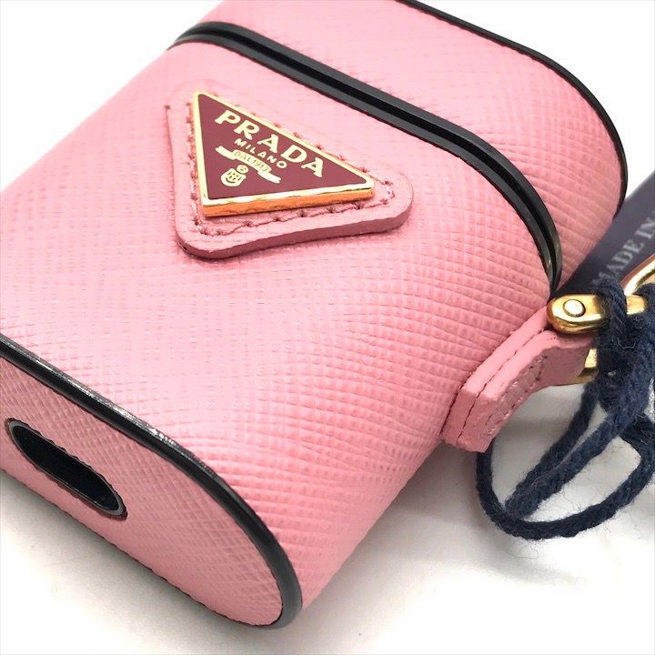 Prada Air Pods Case Triangle Logo Saffiano Leather Strap Pink Shoulder Bag