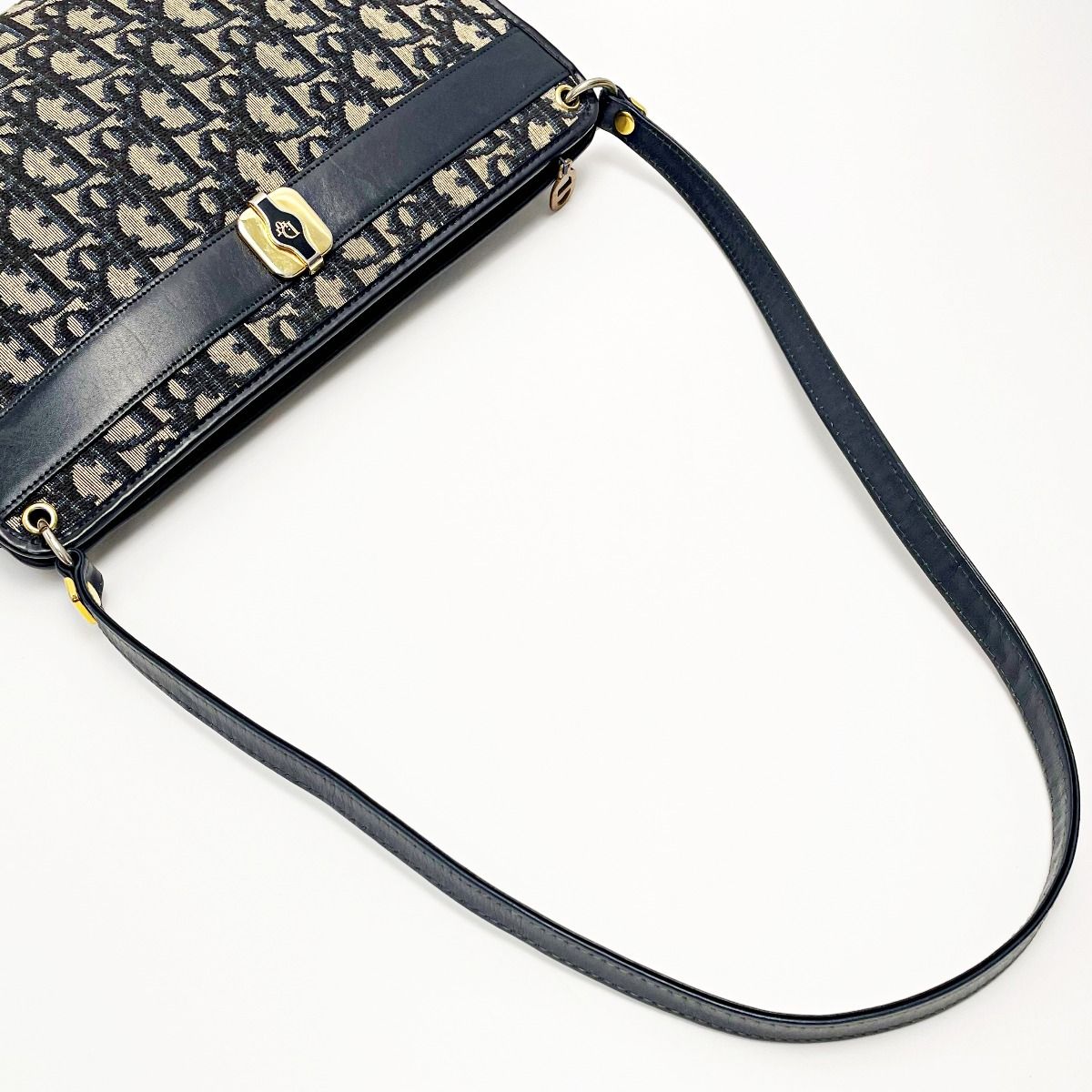 Christian Dior Trotter Navy X Gray Shoulder Bag Women's Gold Hardware