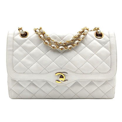 CHANEL CC Paris Limited Double Flap Bag Lambskin Matelasse Chain White