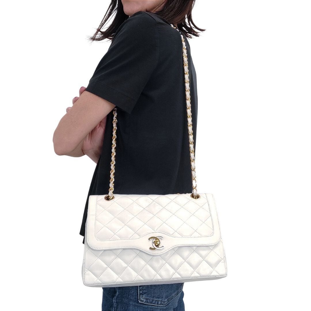 CHANEL CC Paris Limited Double Flap Bag Lambskin Matelasse Chain White