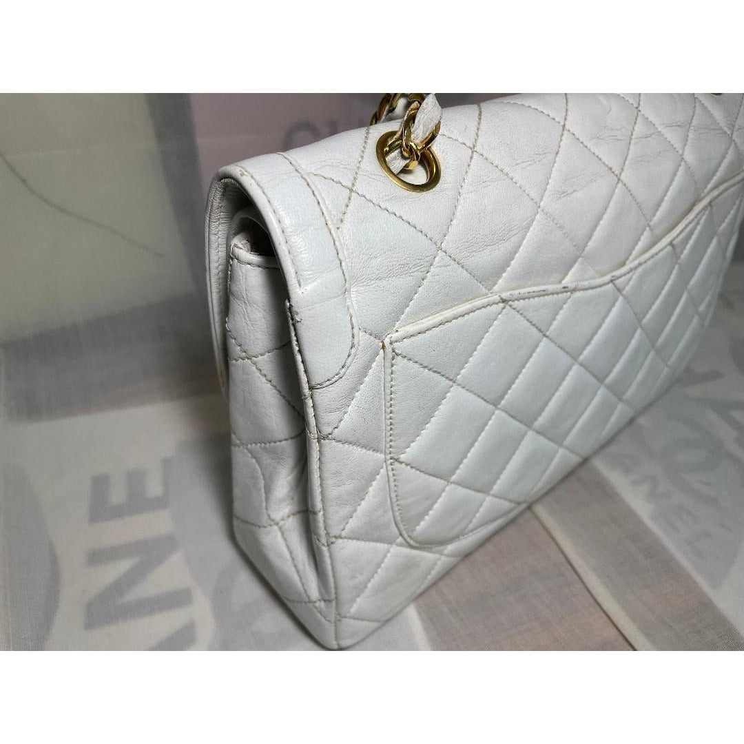 CHANEL CC Paris Limited Double Flap Bag Lambskin Matelasse Chain White