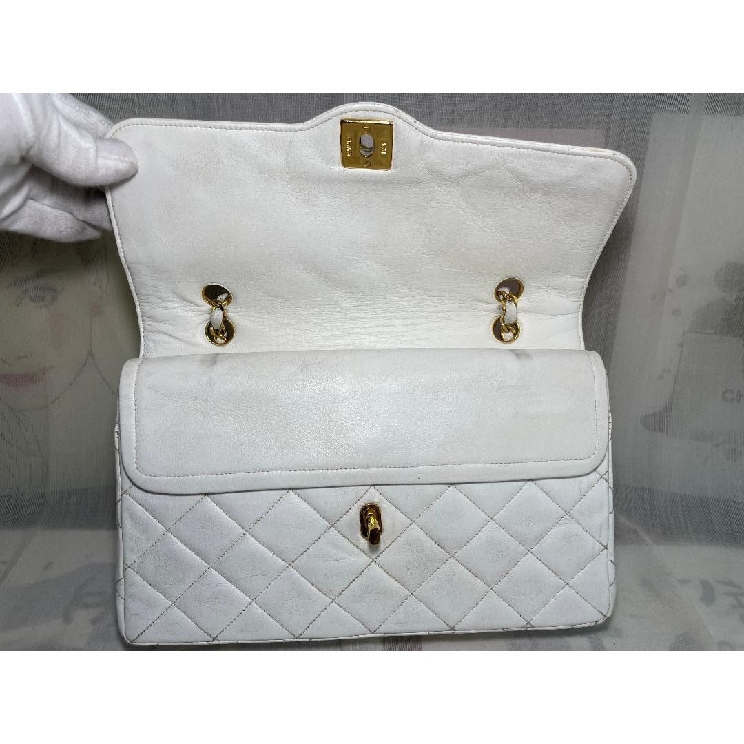 CHANEL CC Paris Limited Double Flap Bag Lambskin Matelasse Chain White